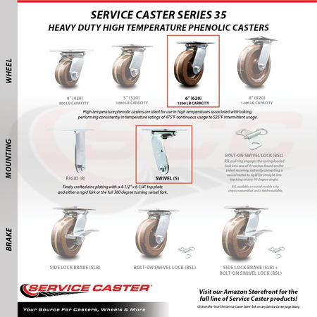 Service Caster 6 Inch Heavy Duty Top Plate High Temp Phenolic Swivel Caster with Roller Bearing SCC-35S620-PHRHT